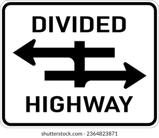 Vector graphic of a usa Divided Highway Crossing MUTCD highway sign. It consists of the wording Divided Highway and a schematic of the road layout contained in a white rectangle svg