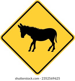 Imagen vectorial de un cartel de la carretera de un burro estadounidense que cruza por delante. Consiste en la silueta de un burro salvaje dentro de un cuadrado negro y amarillo inclinado a 45 grados