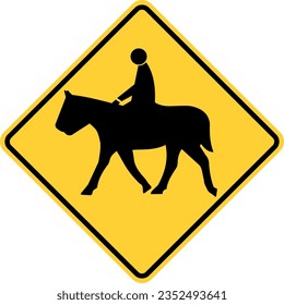 Vector graphic of a usa Equestrian Center Ahead highway sign. It consists of the silhouette of a horse and rider within a black and yellow square tilted to 45 degrees