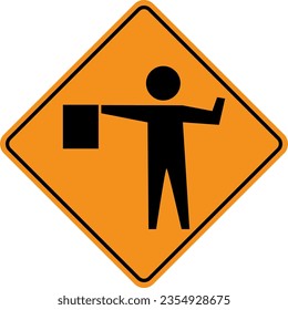 Vector graphic of a usa flagger ahead highway sign. It consists of a silhouette of a man with a flag within a black and orange square tilted to 45 degrees svg