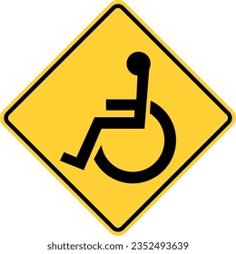 Vector graphic of a usa Handicapped Crossing Ahead highway sign. It consists of the silhouette of a person in a wheelchair within a black and yellow square tilted to 45 degrees svg