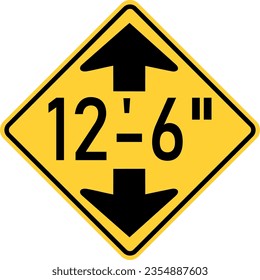 Vector graphic of a usa height restriction ahead highway sign. It consists of upward and downward pointing arrows with the height in feet within a black and yellow square tilted to 45 degrees