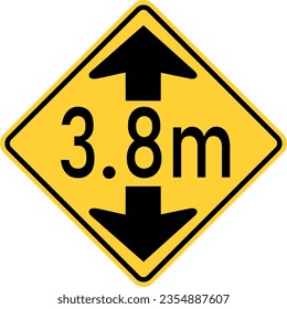 Vector graphic of a usa height restriction ahead highway sign. It consists of and upward and downward pointing arrows with 3.8 metres between within a black and yellow square tilted to 45 degrees
