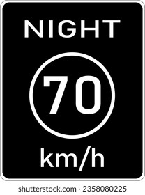 Imagen vectorial de la señal de la autopista del límite de velocidad nocturna de kph de ee.uu. Consiste en la redacción Noche y el límite de velocidad en un círculo en un rectángulo negro