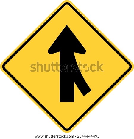 Vector graphic of a usa merge ahead highway sign. It consists of two black arrows merging vertically within a black and yellow square tilted to 45 degrees
