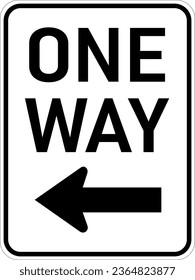 Imagen vectorial de una señal de la autopista MUTCD alternativa de un solo sentido estadounidense. Consiste en el texto Una vía y una flecha horizontal hacia la izquierda contenida en un rectángulo blanco