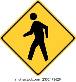 Vector graphic of a usa Pedestrian Crossing Ahead highway sign. It consists of the silhouette of a person walking within a black and yellow square tilted to 45 degrees