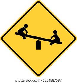 Vector graphic of a usa Playground Ahead  highway sign. It consists of two children playing on a see saw within a black and yellow square tilted to 45 degrees