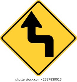 Vector graphic of a usa reverse turn highway sign. It consists of a black arrow with two opposing 90 degree bends within a black and yellow square tilted to 45 degrees