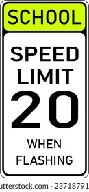 Vector graphic of a USA School Zone Speed Limit When Flashing mutcd highway sign. It consists of the wording School speed limit 20 when flashing in a white rectangle