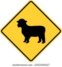 Vector graphic of a usa Sheep Crossing Ahead  highway sign. It consists of the silhouette of a long haired sheep within a black and yellow square tilted to 45 degrees