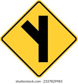 Vector graphic of a usa slanted side road junction highway sign. It consists of a black vertical line with a second black line set at an angle within a black and yellow square tilted to 45 degrees
