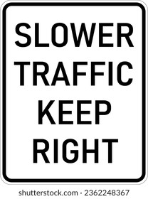 Vector graphic of a usa Slower Traffic Keep Right highway sign. It consists of the wording Slower Traffic Keep Right contained in a white rectangle svg