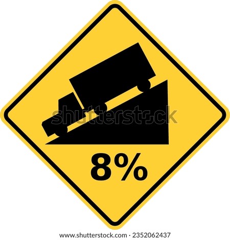 Vector graphic of a usa steep grade highway sign. It consists of black truck on a steep gradient together with the percentage incline within a black and yellow square tilted to 45 degrees