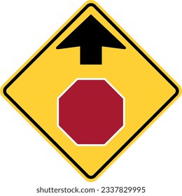 Vector graphic of a usa stop ahead highway sign. It consists of a black upward pointing arrow above a red hexagon with a white border within a black and yellow square tilted to 45 degrees svg