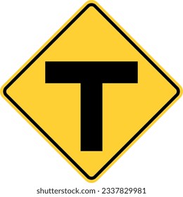 Vector graphic of a usa T junction highway sign. It consists of a black vertical line intersecting with a black horizontal line nat 90 degrees within a black and yellow square tilted to 45 degrees