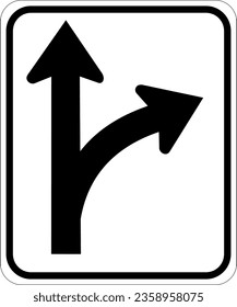 Vector graphic of a usa Through and Turn Right highway sign. It consists of an upward pointing arrow and an arrow curved to the right contained in a white rectangle