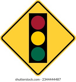 Vector graphic of a usa traffic lights ahead highway sign. It consists of red, yellow and green traffic light within a black and yellow square tilted to 45 degrees