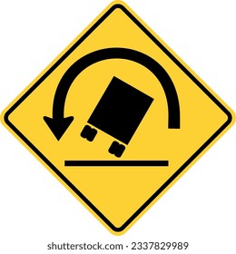 Vector graphic of a usa truck rollover warning highway sign. It consists of a black truck tilted at a dangerous angle below a curved black arrow within a black and yellow square tilted to 45 degrees svg