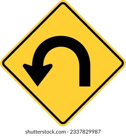 Vector graphic of a usa turn around road highway sign. It consists of a black arrow with a 180 degree turn within a black and yellow square tilted to 45 degrees svg