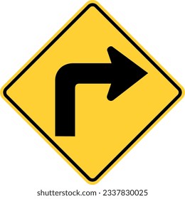 Vector graphic of a usa turn highway sign. It consists of a black arrow with a right angle turn within a black and yellow square tilted to 45 degrees
