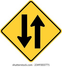 Vector graphic of a usa two way traffic highway sign. It consists of two black arrows indicating the direction of traffic flow within a black and yellow square tilted to 45 degrees svg