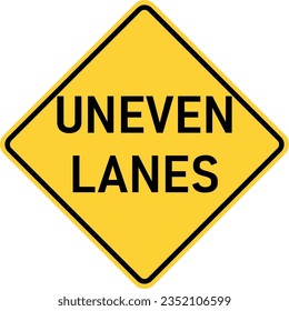 Vector graphic of a usa Uneven Lanes  highway sign. It consists of the wording Uneven Lanes within a black and yellow square tilted to 45 degrees