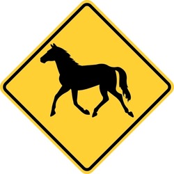 Vector Graphic Of A Usa Wild Horse Crossing Ahead  Highway Sign. It Consists Of The Silhouette Of A Wild Horse Within A Black And Yellow Square Tilted To 45 Degrees