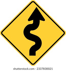 Vector graphic of a usa winding road highway sign. It consists of a black arrow with multiple curves within a black and yellow square tilted to 45 degrees svg