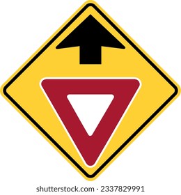 Vector graphic of a usa yield ahead highway sign. It consists of a black arrow above a red and white triangle within a black and yellow square tilted to 45 degrees