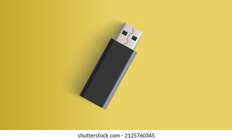 Vector graphic of USB flash disk illustration with black, white, grey and yellow color scheme. Perfect for computer accessories product mockup. 
