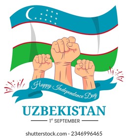 Vector graphic of Uzbekistan Independence Day for greeting card with clenched fist, fireworks and ribbon