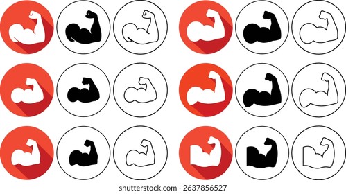 Vector graphic of various gym workout and fitness muscle biceps icons in circles