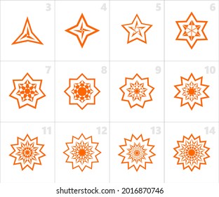 Vector graphic of various star configurations with graphic stripes background. Star icon, from 3rd, 4th, 5th star to 14th star. Perfect to use for decoration for certain religious, community, and logo