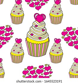 Vector graphic of the various sweets and desserts decorated into seamless pattern. Valentine's day seamless pattern of hearts and cupcakes. Beautiful abstract pattern with Valentine's day seamless