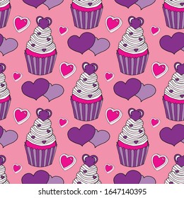 Vector graphic of the various sweets and desserts decorated into seamless pattern. Valentine's day seamless pattern of hearts and cupcakes.  