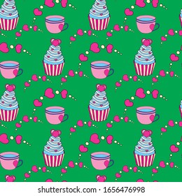 Gráfica vectorial de los diferentes dulces y postres decorados en un patrón impecable. El día de San Valentín es un patrón sin fisuras de corazones y quequitos. Hermoso patrón abstracto con San Valentín sin fisuras