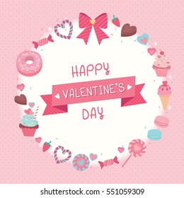 Vector graphic of the various sweets  and desserts arranged to the wreath on the pink and polka dot  background for greeting someone with love in Valentines day.