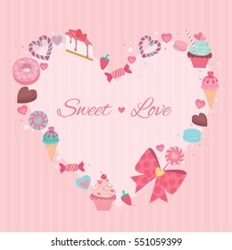 Vector graphic of the various sweets  and desserts arranged to the heart shape on the pink and stripe background for greeting someone with love in Valentines day.
