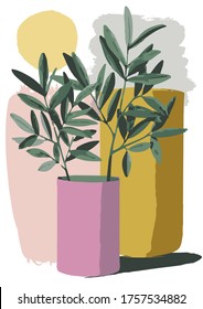 vector graphic of vases with olive branch, Matisse style, mediterranean vibe