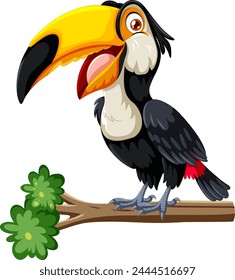 Vector graphic of a vibrant toucan perched on wood.