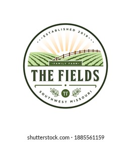 Vector graphic of vintage farm emblem, logo, badge, agriculture, green, greenfield, sun, sunshine, sunrise, perfect for agriculture farm park family business