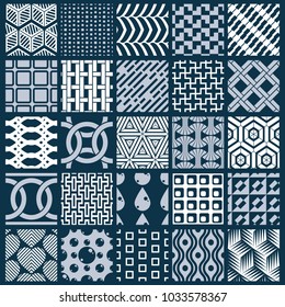 Vector graphic vintage textures created with squares, rhombuses and other geometric shapes. Monochrome seamless patterns collection best for use in textiles design.