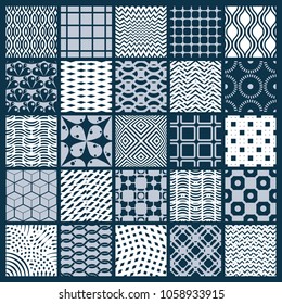 Vector graphic vintage textures created with squares, rhombuses and other geometric shapes. Monochrome seamless patterns collection best for use in textiles design.