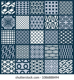 Vector graphic vintage textures created with squares, rhombuses and other geometric shapes. Monochrome seamless patterns collection best for use in textiles design.