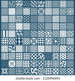 Vector graphic vintage textures created with squares, rhombuses and other geometric shapes. Monochrome seamless patterns collection best for use in textiles design.