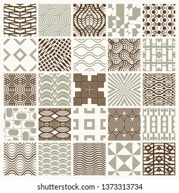 Vector graphic vintage textures created with squares, rhombuses and other geometric shapes. Seamless patterns collection best for use in textiles design.
