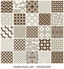 Vector graphic vintage textures created with squares, rhombuses and other geometric shapes. Seamless patterns collection best for use in textiles design.