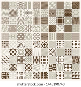 Vector graphic vintage textures created with squares, rhombuses and other geometric shapes. 100 seamless patterns collection best for use in textiles design.