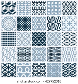 Vector graphic vintage textures created with squares, rhombuses and other geometric shapes. Monochrome seamless patterns collection best for use in textiles design.